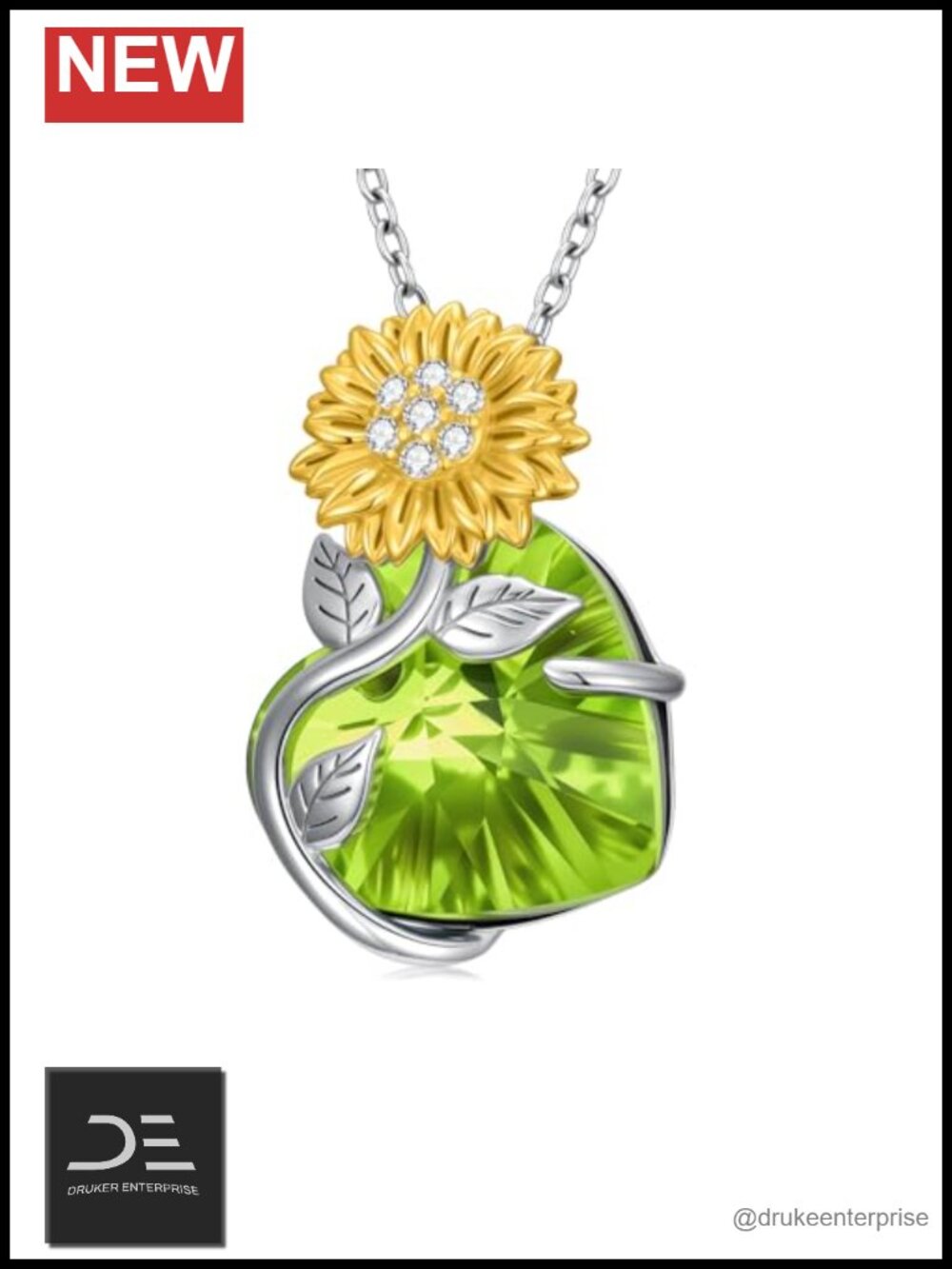 Sterling Silver Sunflower Pendant Necklace with Birthstone Heart 22mm 18 Inch